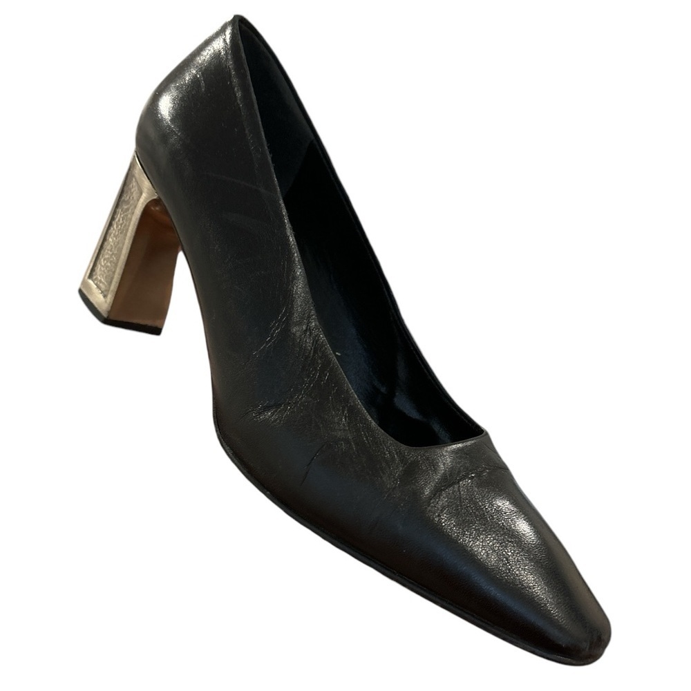 80s PROXY BLACK SQUARE TOE PUMP OXIDIZED SILVER TONE CHUNK HEELS MADE IN SPAIN 7